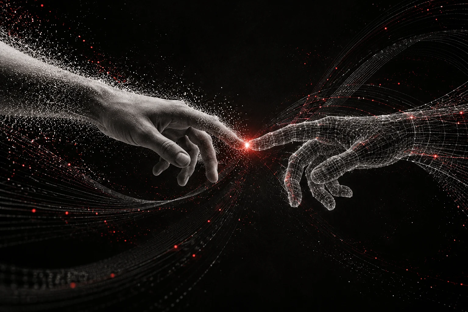 Arte digital com uma mão humana e uma mão em malha tridimensional conectadas por um ponto vermelho