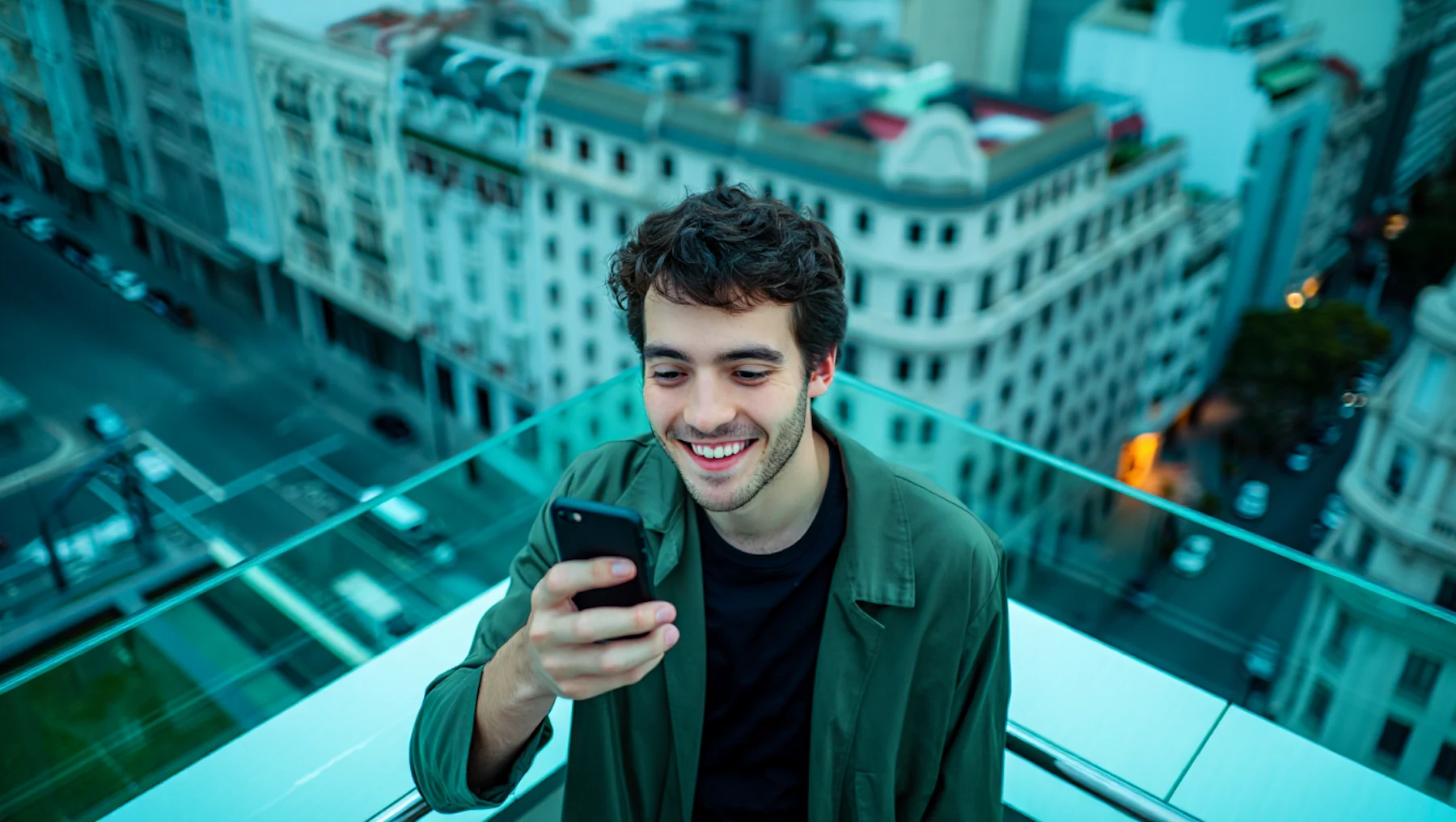 Pessoa usando um celular em um terraço com prédios ao fundo